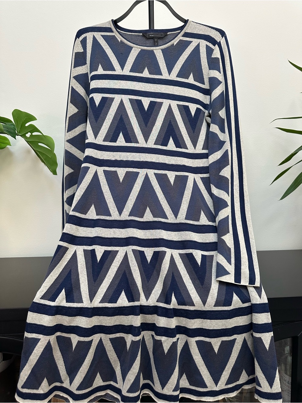 BCBGMaxAzria Navy and Cream Geometric Knit Sweater Dress